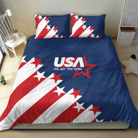 USA themed bedding set on bed: blue comforter with red-white stars and USA Play to Win logo