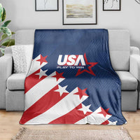 USA soccer themed blanket draped on sofa with USA logo, stars, and flag colors