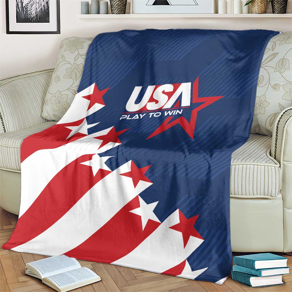 USA soccer themed blanket spread on armchair with stars, USA logo, and flag design