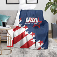 USA soccer themed blanket on floor with USA logo, stars, and red-white-blue flag graphics