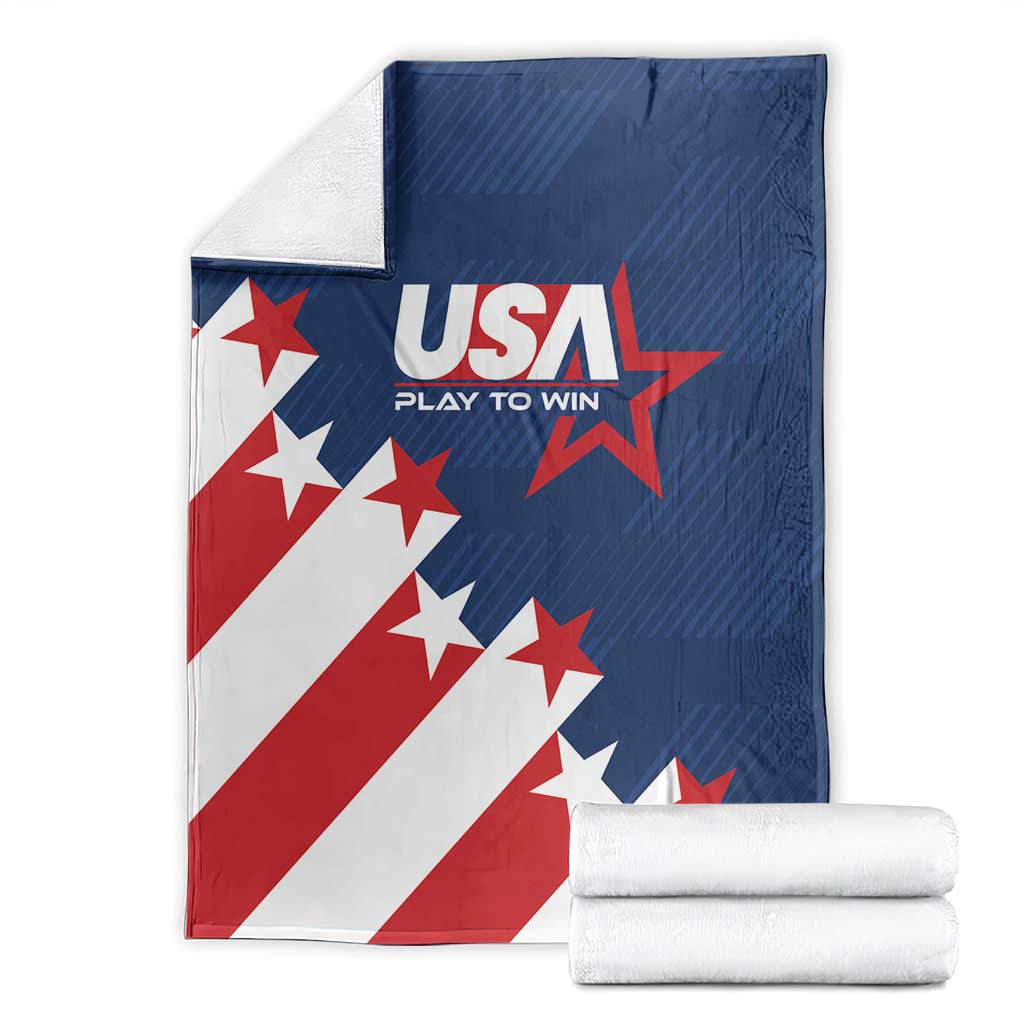 USA soccer themed blanket folded with USA logo and stars, red white and blue flag
