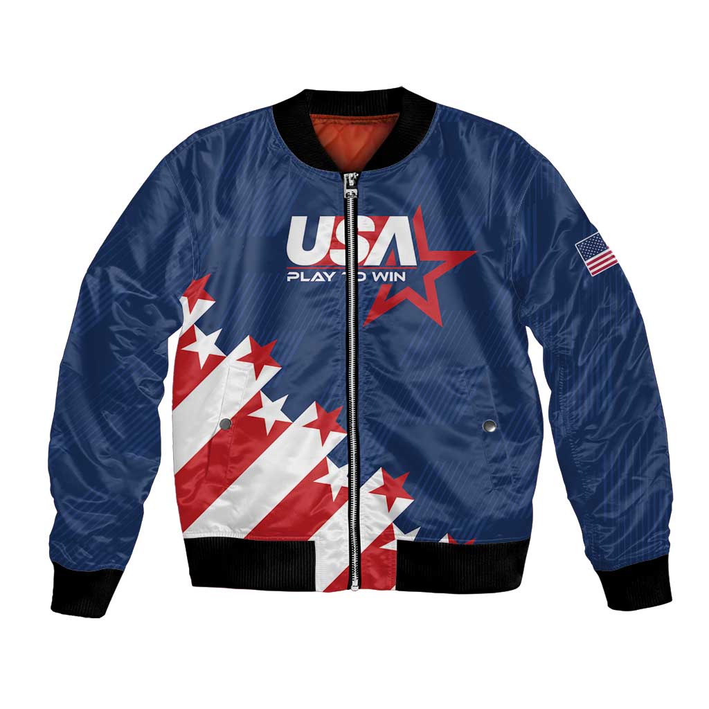 Blue USA soccer bomber jacket with full-zip front, ribbed cuffs, and flag graphic
