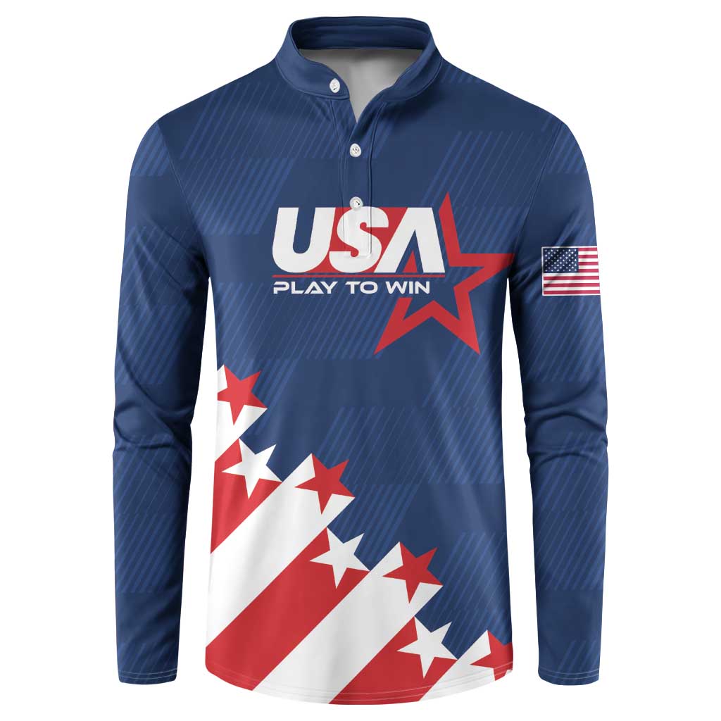 Blue USA soccer button sweatshirt with Play To Win and American flag sleeve patch