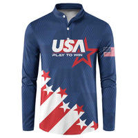 Blue USA soccer button sweatshirt with Play To Win and American flag sleeve patch