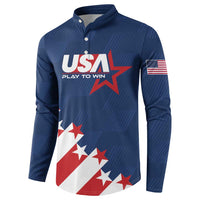 Blue USA soccer button sweatshirt with Play To Win graphic and stars-and-stripes