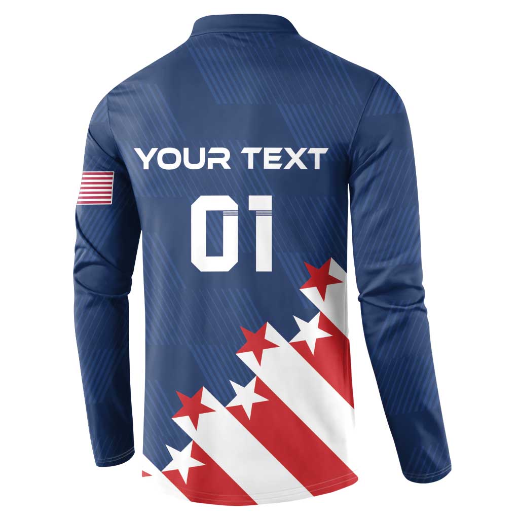 Blue soccer button sweatshirt, back YOUR TEXT 01 with stars-and-stripes