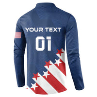 Blue soccer button sweatshirt, back YOUR TEXT 01 with stars-and-stripes