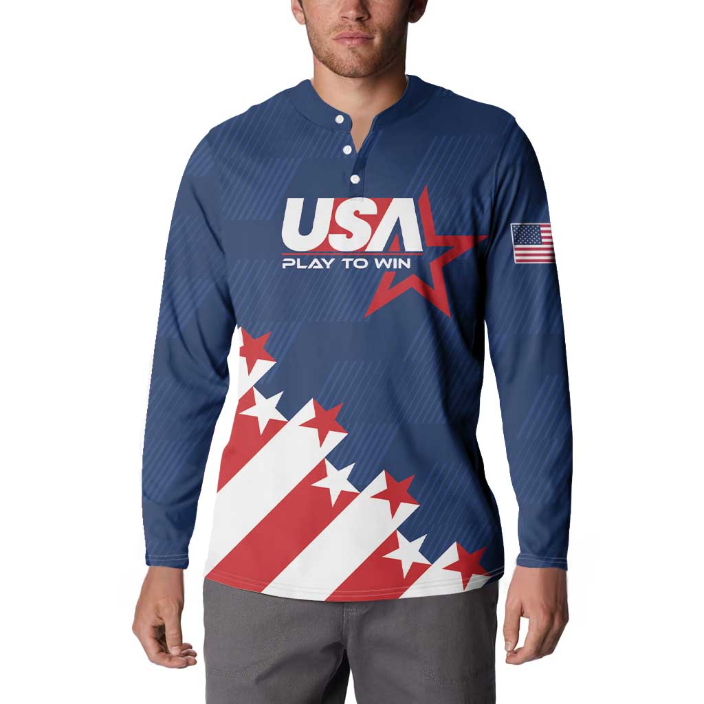 Blue USA soccer button sweatshirt, front Play To Win graphic with stars-and-stripes