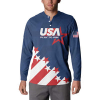 Blue USA soccer button sweatshirt, front Play To Win graphic with stars-and-stripes