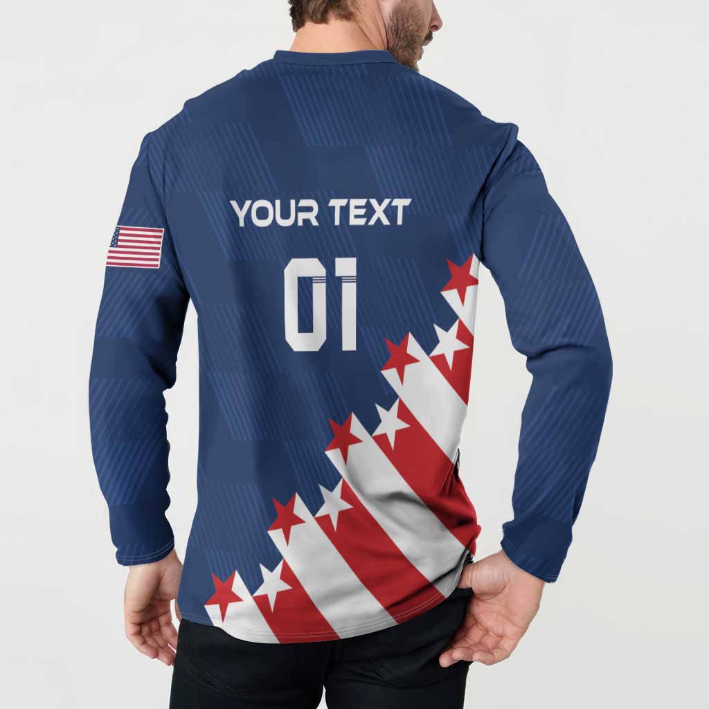 Blue soccer button sweatshirt, back YOUR TEXT 01 over stars-and-stripes