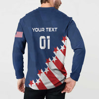 Blue soccer button sweatshirt, back YOUR TEXT 01 over stars-and-stripes