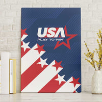 Blue USA soccer canvas wall art with "PLAY TO WIN" text and star accents