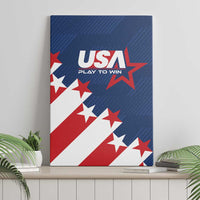 Blue USA soccer canvas wall art on a stand with stars and "PLAY TO WIN" logo