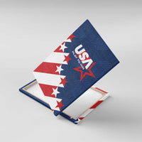 Blue USA soccer canvas wall art shown at an angle with stars and stripes