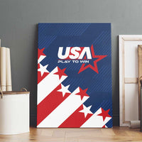 Blue USA soccer canvas wall art leaning against a wall with star-spangled design