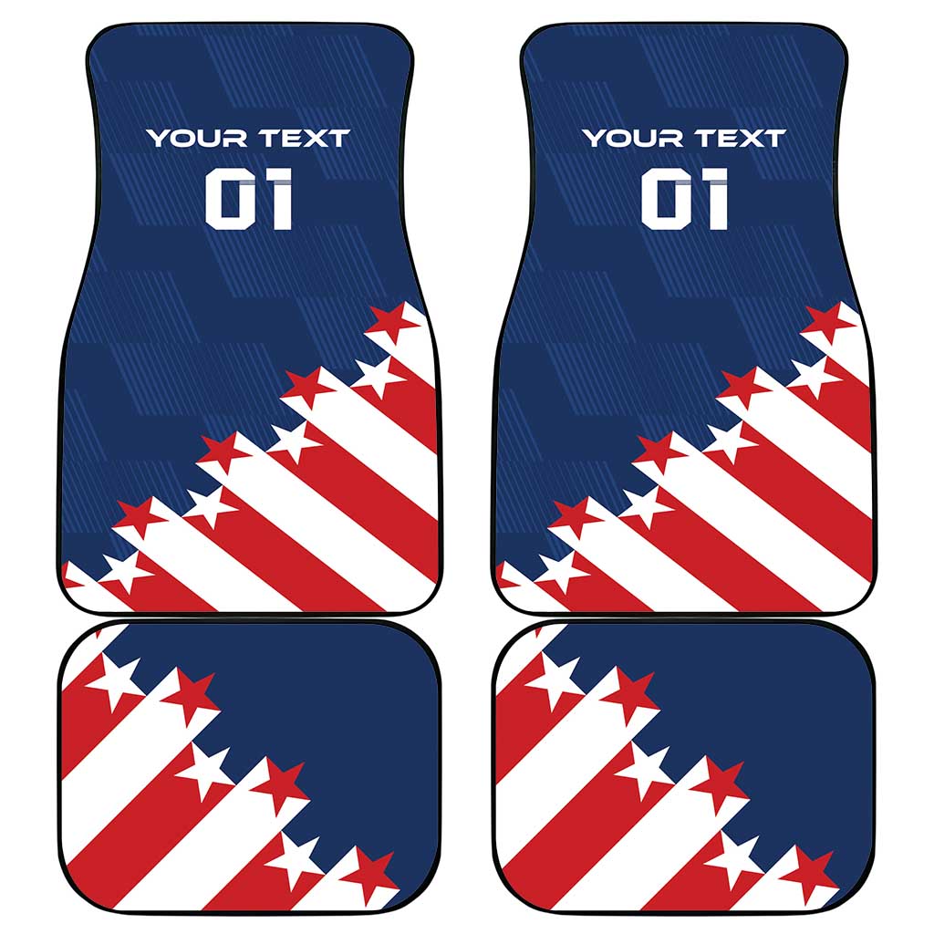 Set of four blue car floor mats featuring a star-and-stripe flag and “YOUR TEXT 01”.