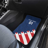Blue rear car floor mat with “YOUR TEXT 01” and red-white star-and-stripe flag.