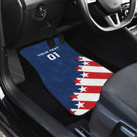 Blue front car floor mat with “YOUR TEXT 01” and red-white star-and-stripe flag.