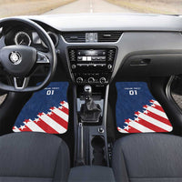 Blue front car floor mats with “YOUR TEXT 01” and red-white star-and-stripe flag.