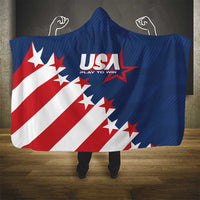 Hooded blanket with USA flag print and “USA Play to Win” logo, blue draped hood