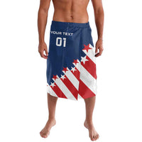 Blue drawstring swim shorts with USA flag graphic and star pattern