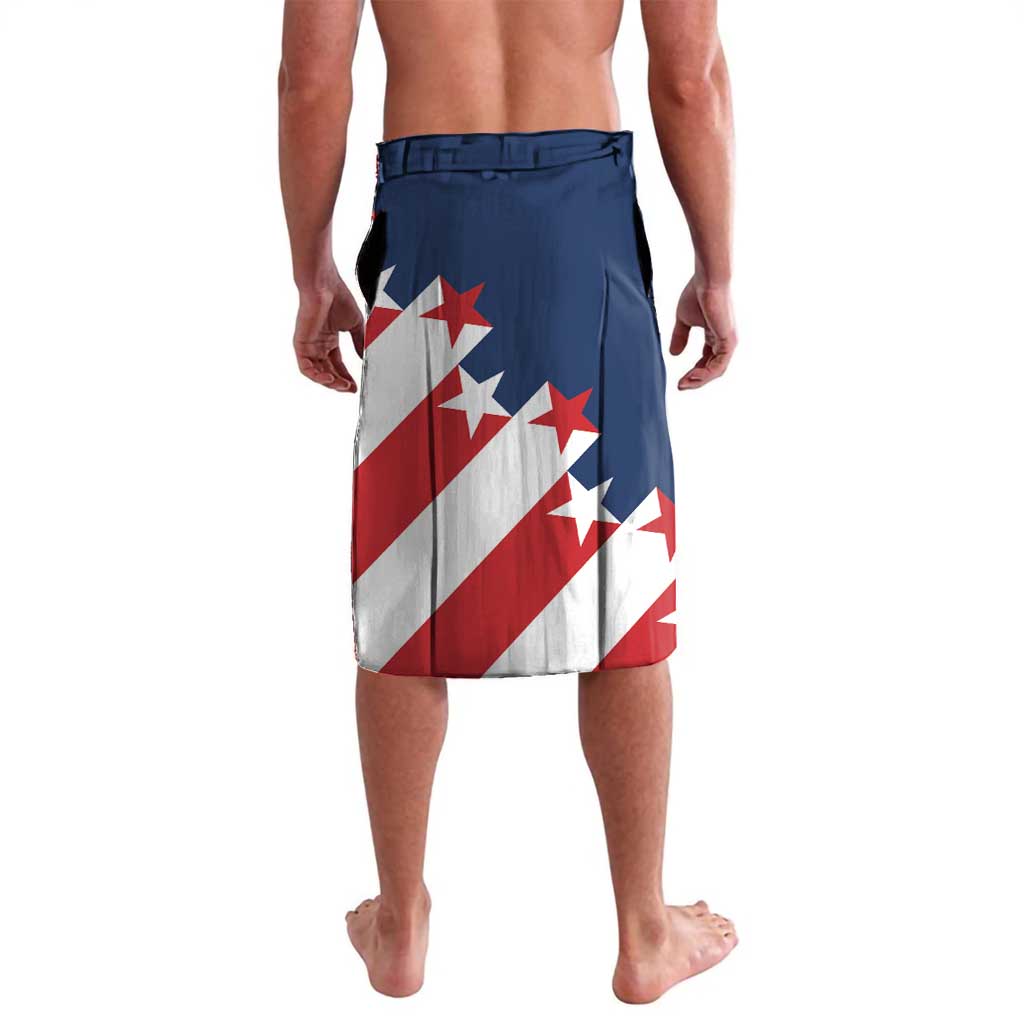 Blue drawstring swim shorts with large USA flag panel on the front