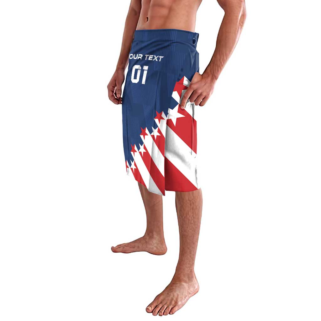 Blue drawstring swim shorts, side view, with USA flag print and stars