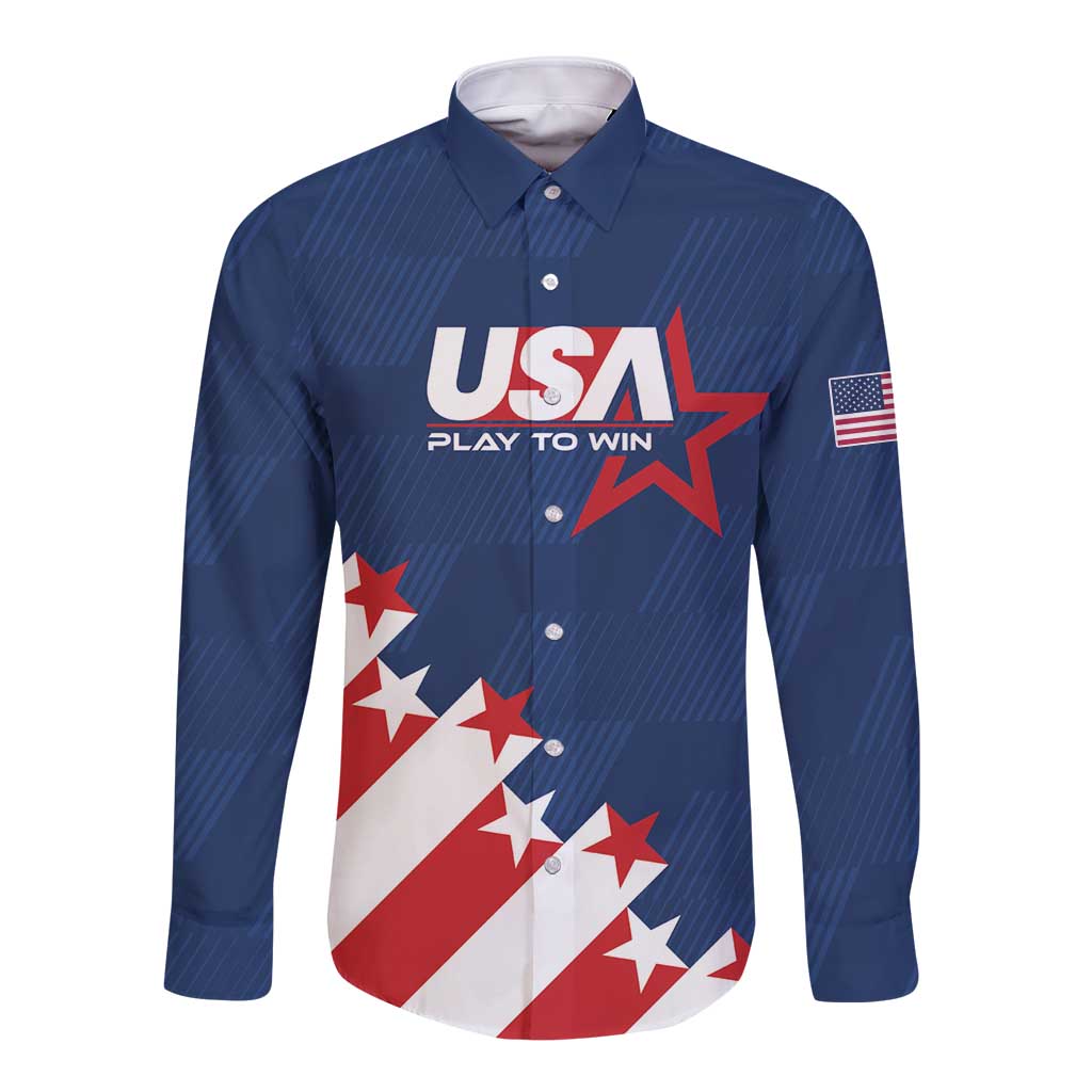 Unisex blue long sleeve button shirt with USA Play to Win front graphic