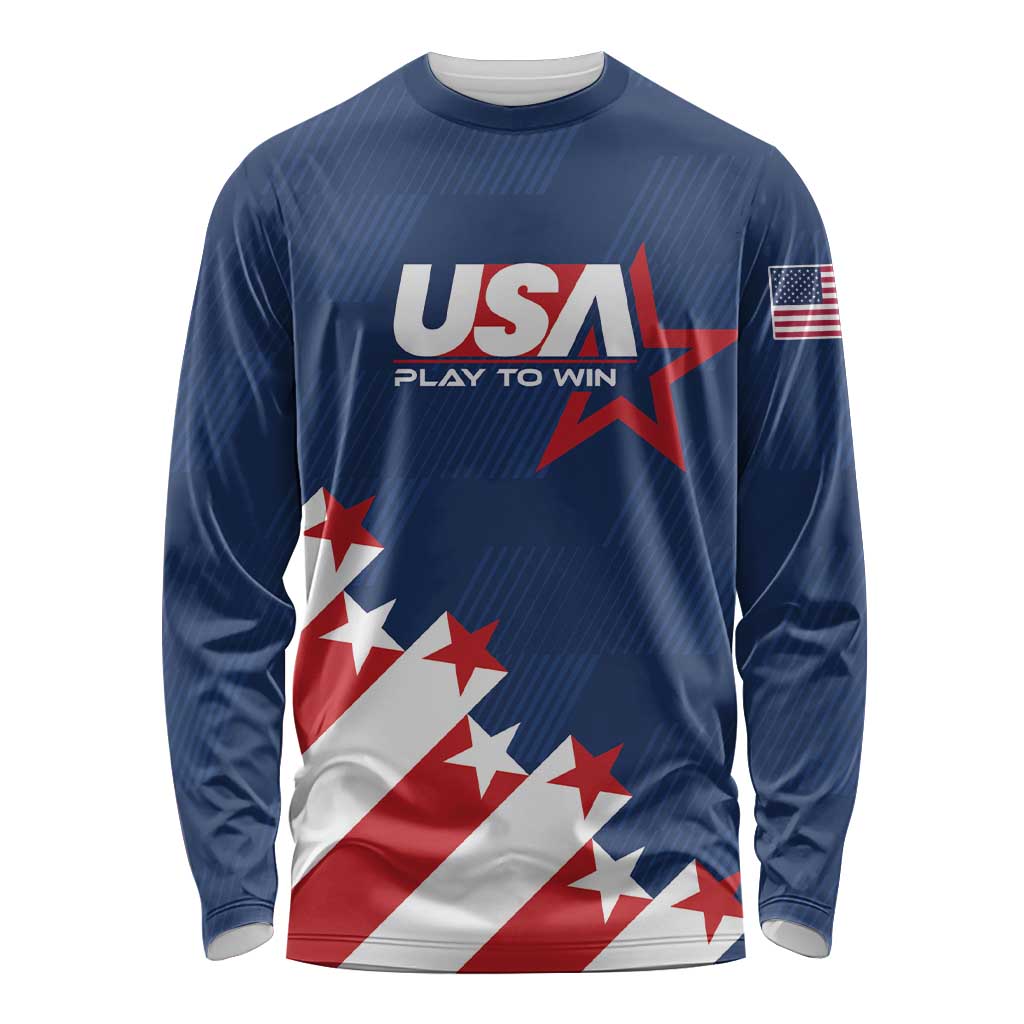 Custom USA soccer long-sleeve shirt, blue with USA logo and Play To Win text