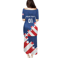 Blue long soccer dress with USA flag graphic and 'YOUR TEXT' back print