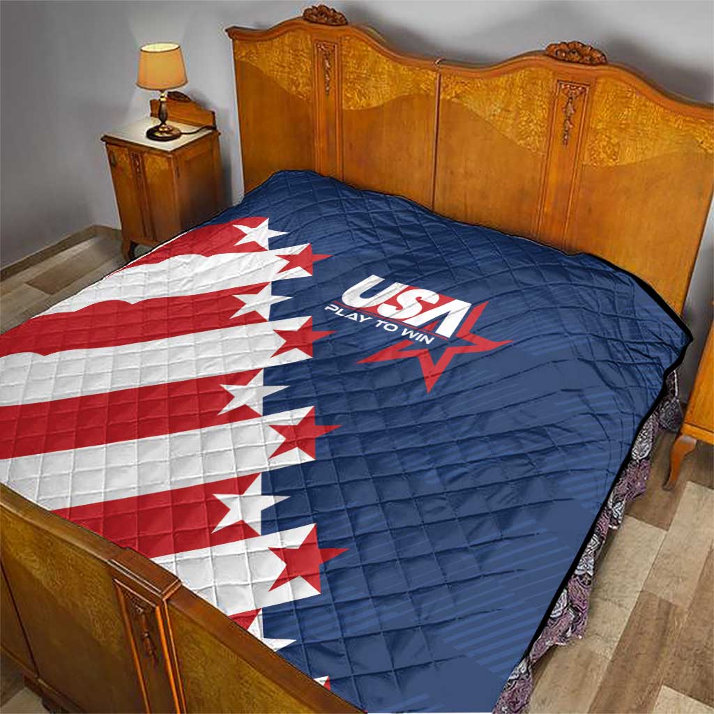 USA soccer quilt with blue backing, red-and-white stripe flag design, quilted diamond texture