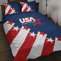 USA quilt bed set with blue quilt and red-white star stripes; two matching pillows