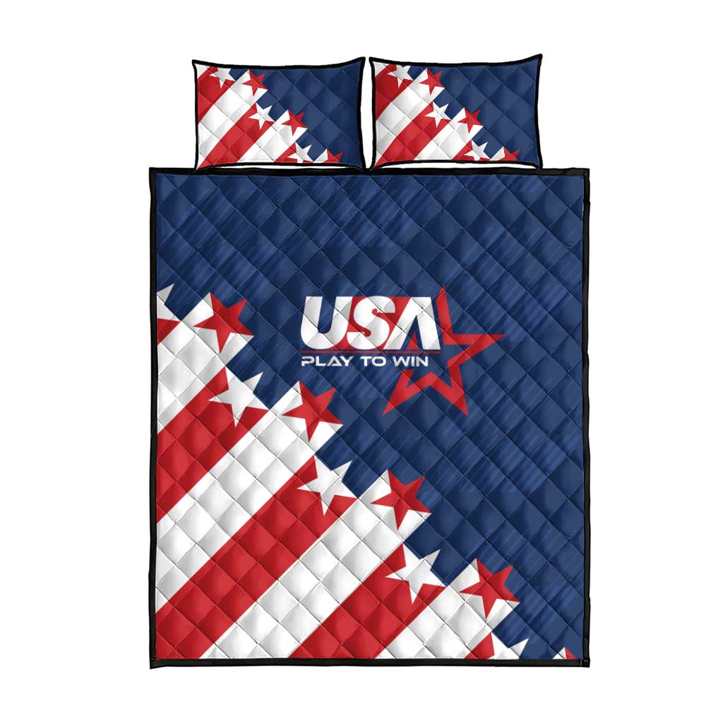 USA quilt bed set: blue, red, and white star quilt with two pillows and centered USA logo