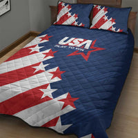 USA quilt bed set with blue quilt and red-white star stripe design; two pillows