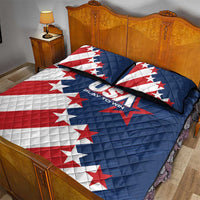 USA quilt bed set with blue quilt, red-white star stripes, and two matching pillows