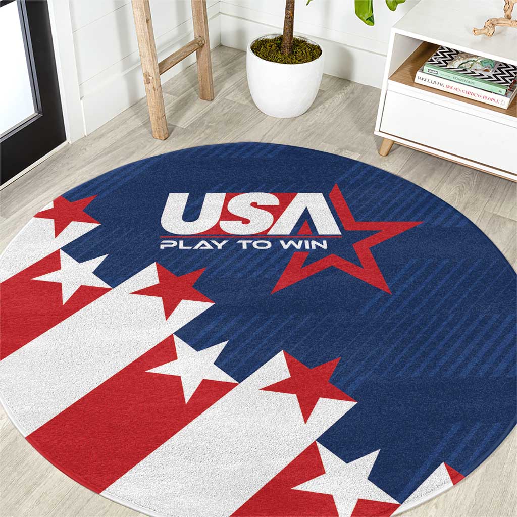 Round soccer play-to-win carpet with blue field, red and white stars and USA center logo