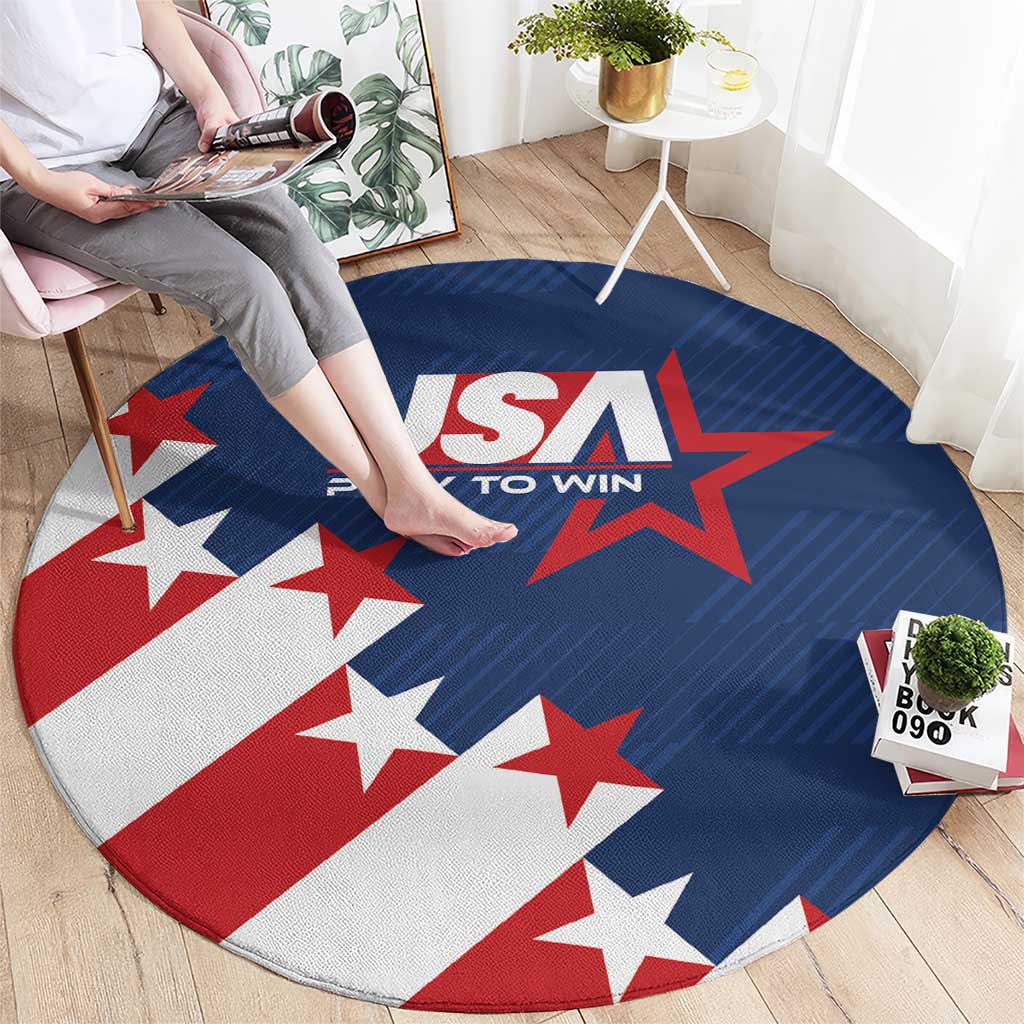 Round soccer play-to-win carpet, blue with red and white stars and USA text center
