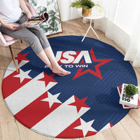 Round soccer play-to-win carpet, blue with red and white stars and USA text center