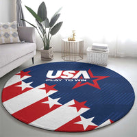 Round soccer play-to-win carpet with blue base, red/white stars and USA lettering