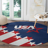Round soccer play-to-win carpet with blue field, red and white star flag pattern