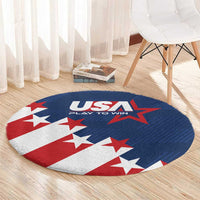 Round soccer play-to-win carpet with blue center, red and white stars and USA logo