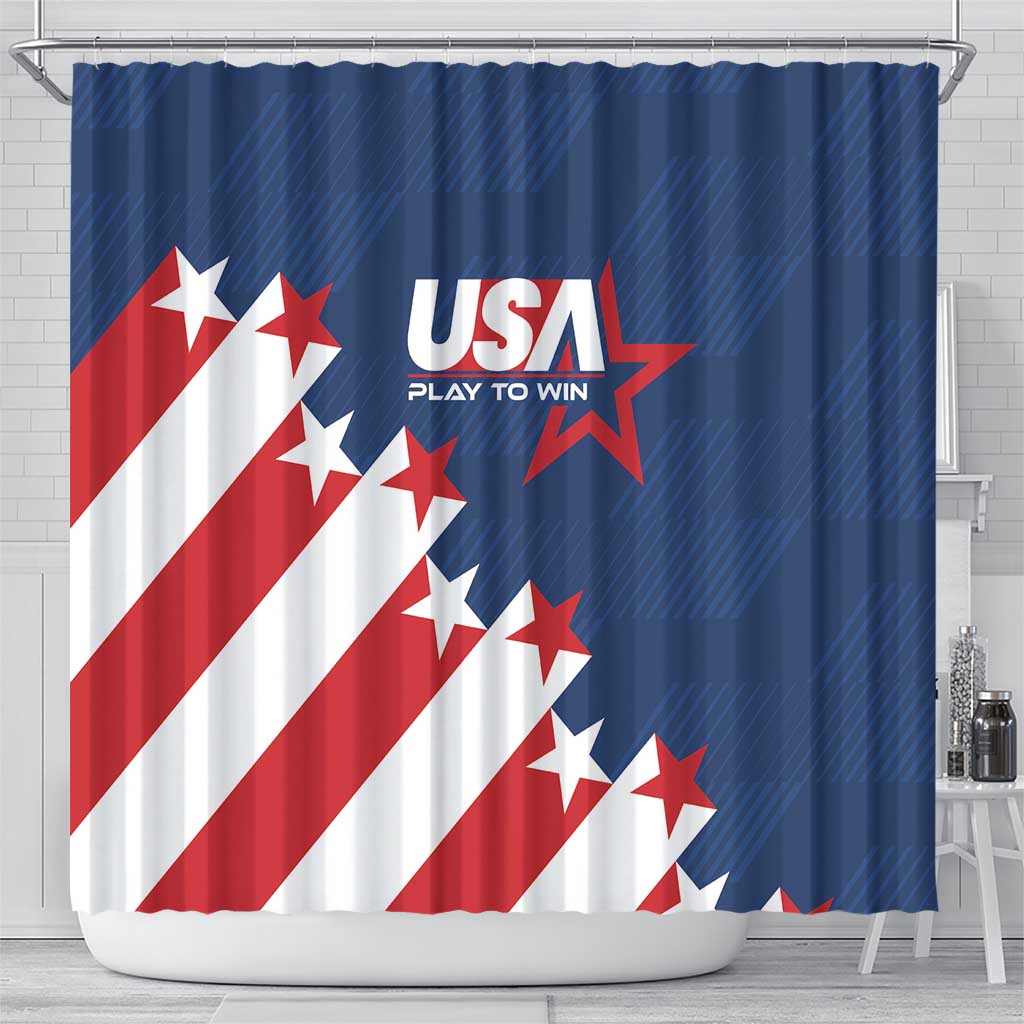USA soccer shower curtain with blue, red, and white diagonal stripes and star logo, hanging hooks