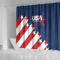 USA soccer shower curtain showing diagonal stripes, stars, and USA “Play to Win” text, full panel