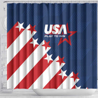 USA soccer shower curtain with blue top border, red-white diagonal stripes, and USA stars logo