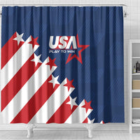 USA soccer shower curtain panel with diagonal red-white stripes, blue field, and USA “Play to Win” stars