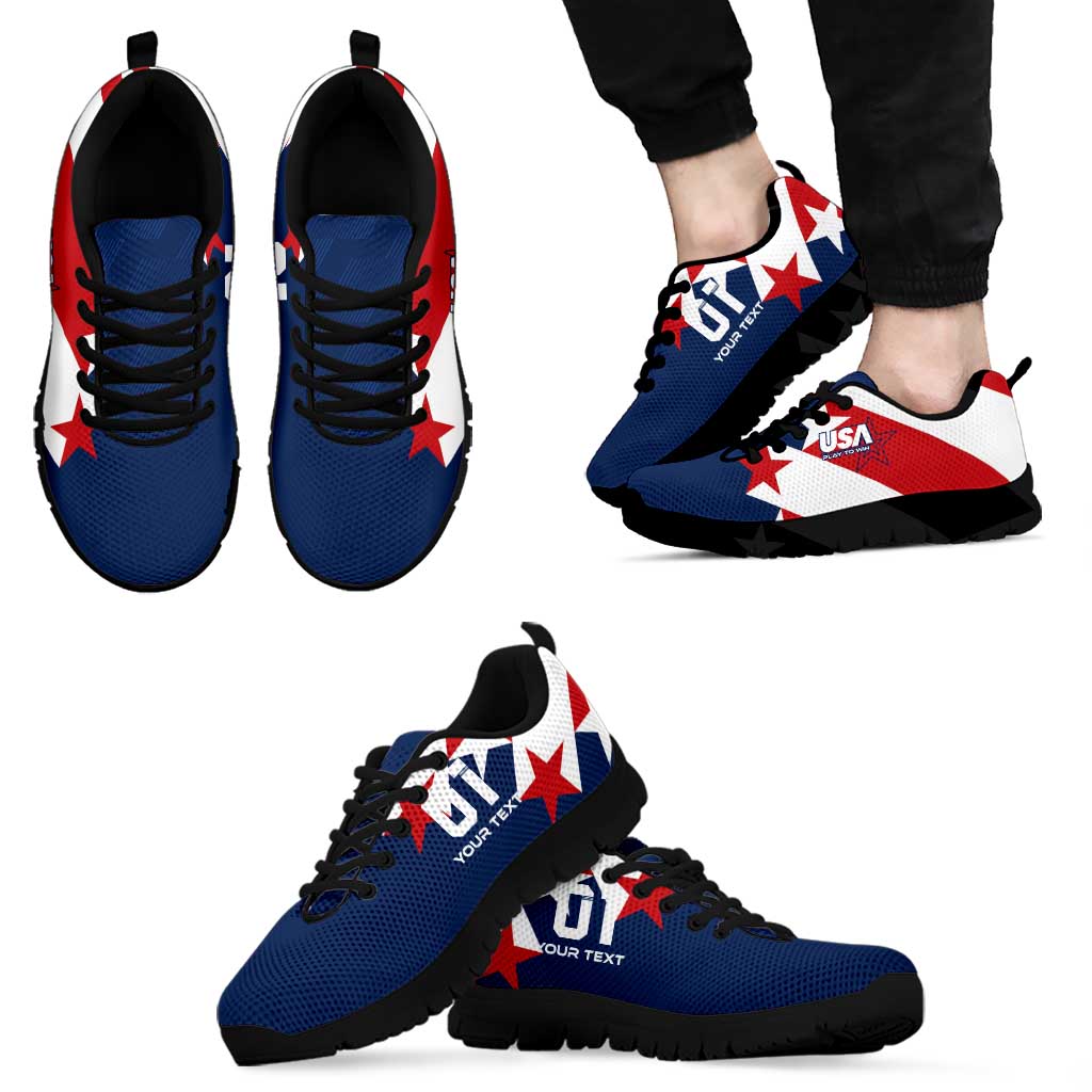 Blue and white soccer sneakers with red accents, star details, and black sole.