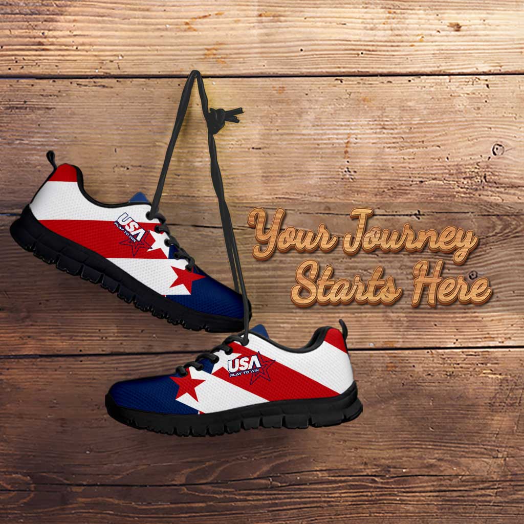 Low-top soccer sneakers in white and blue with red star print and black sole.