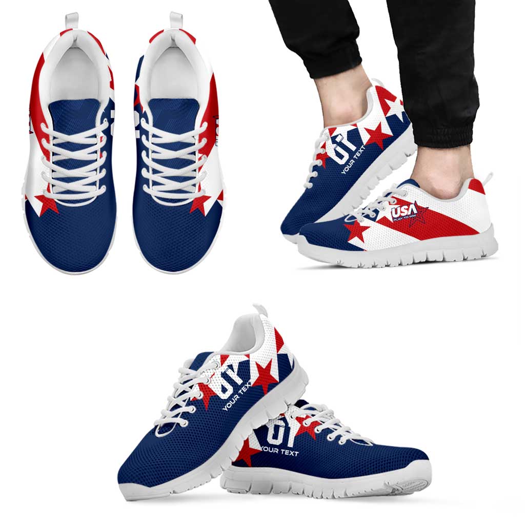White soccer sneakers with blue panels, red star accents, and white rubber sole.