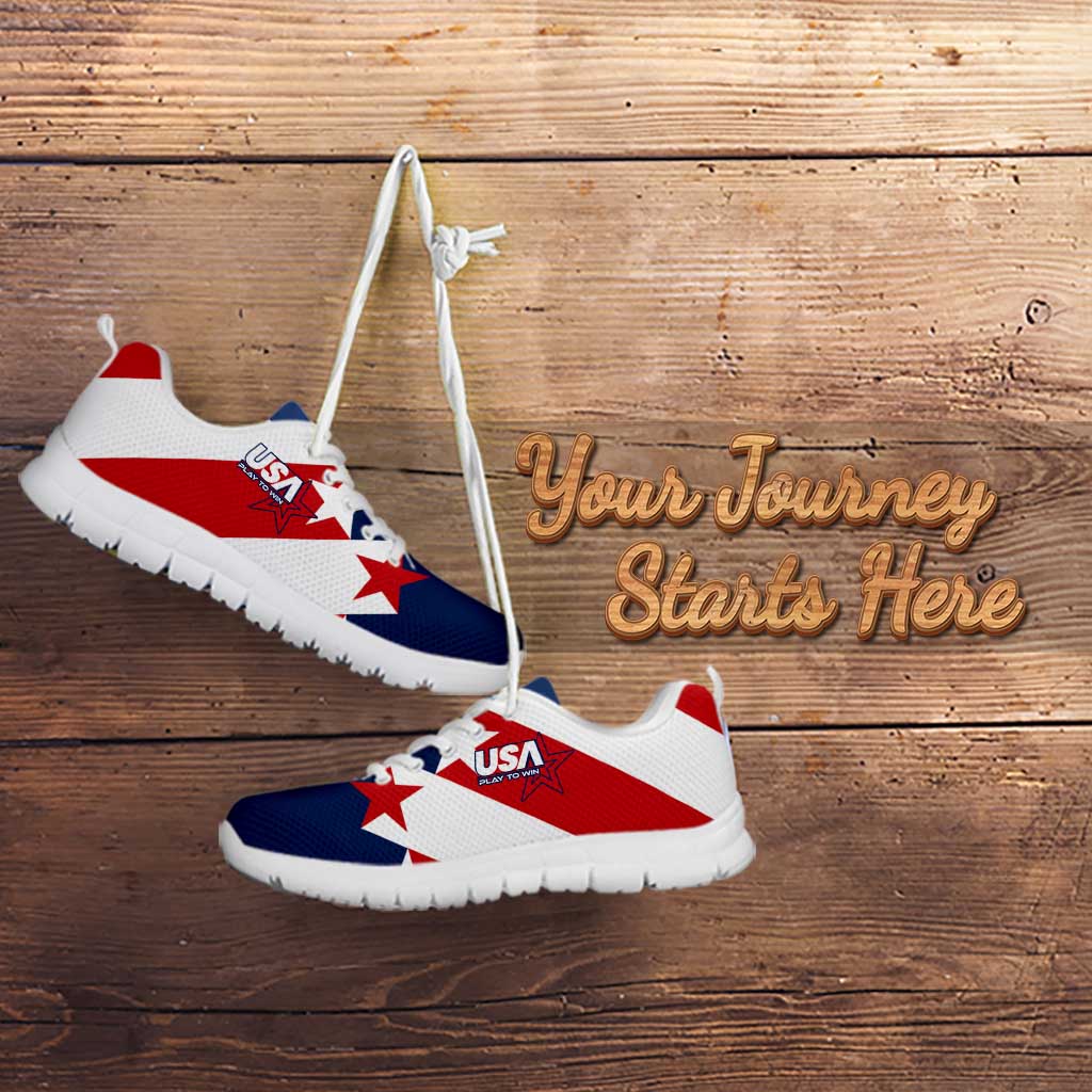 Low-top soccer sneakers in white and blue with red stars and white rubber sole.