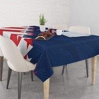 USA soccer tablecloth, blue with red and white star/stripe print over table